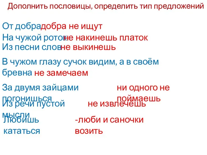 Дополнить пословицы, определить тип предложений От добра На чужой роток