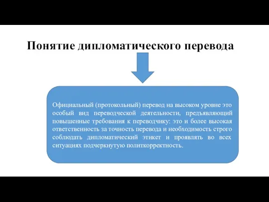 Понятие дипломатического перевода Официальный (протокольный) перевод на высоком уровне это