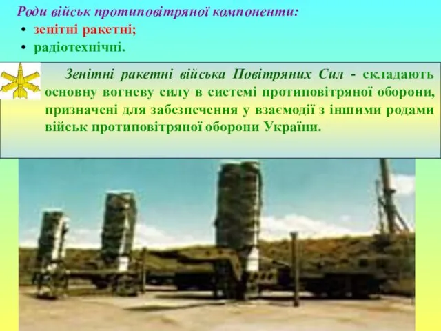 Роди військ протиповітряної компоненти: зенітні ракетні; радіотехнічні. Зенітні ракетні війська