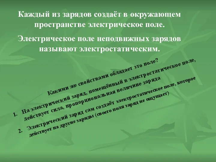 Каждый из зарядов создаёт в окружающем пространстве электрическое поле. Электрическое