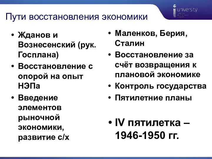 Пути восстановления экономики Жданов и Вознесенский (рук. Госплана) Восстановление с