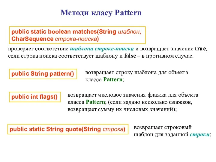 Методи класу Pattern public static boolean matches(String шаблон, CharSequence строка-поиска) проверяет соответствие шаблона