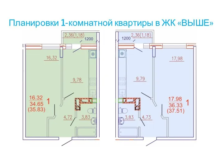 Планировки 1-комнатной квартиры в ЖК «ВЫШЕ»