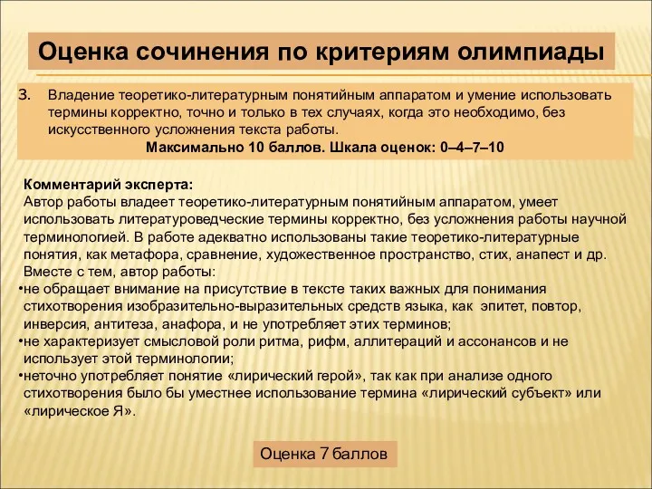 Владение теоретико-литературным понятийным аппаратом и умение использовать термины корректно, точно