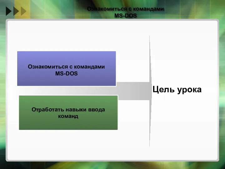 Ознакомиться с командами MS-DOS Отработать навыки ввода команд Цель урока Ознакомиться с командами MS-DOS