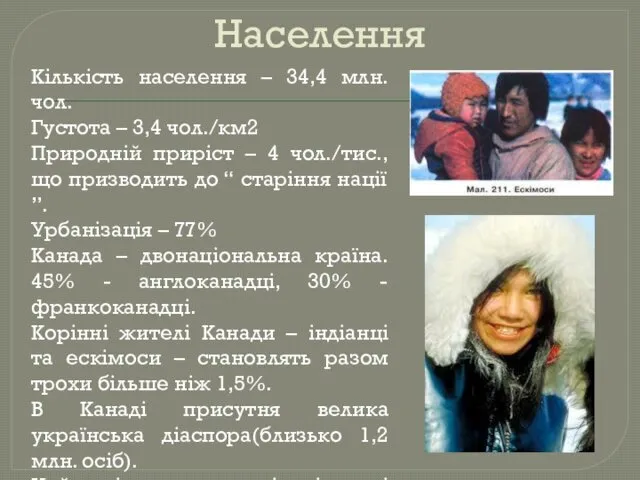 Населення Кількість населення – 34,4 млн. чол. Густота – 3,4