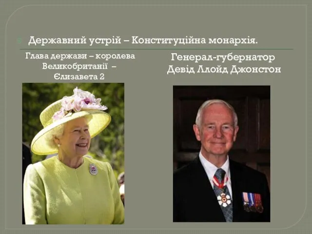 Державний устрій – Конституційна монархія. Глава держави – королева Великобританії