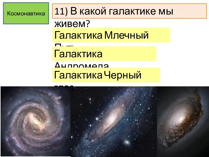 11) В какой галактике мы живем? Космонавтика Галактика Млечный Путь. Галактика Андромеда. Галактика Черный глаз.