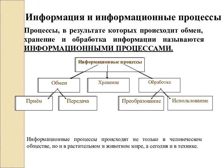 Информация и информационные процессы Обмен Приём Передача Хранение Преобразование Информационные процессы Процессы, в