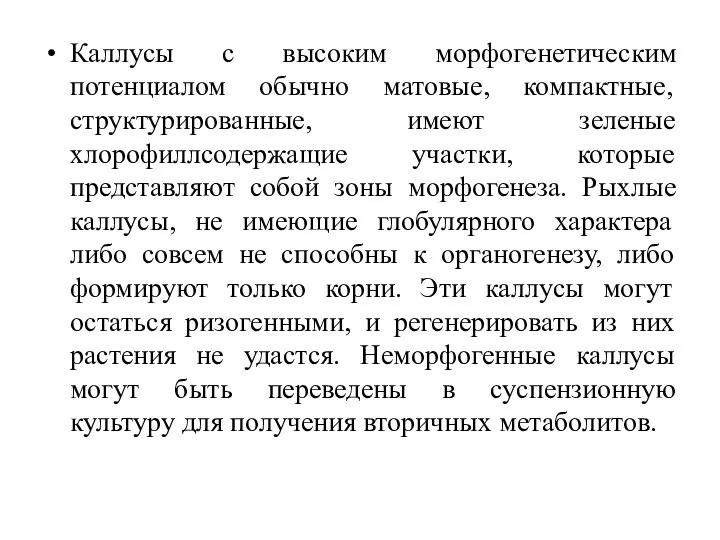 Каллусы с высоким морфогенетическим потенциалом обычно матовые, компактные, структурированные, имеют