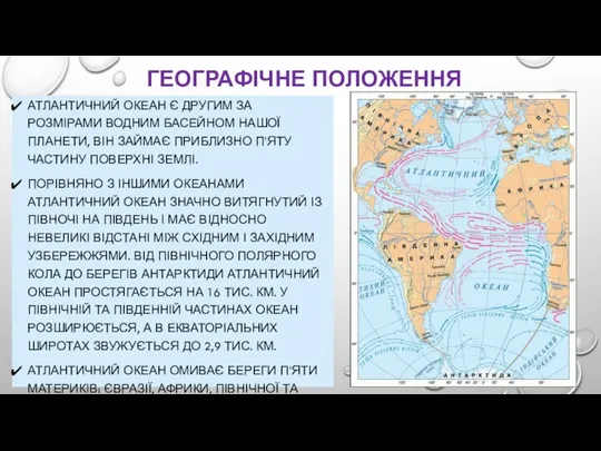 ГЕОГРАФІЧНЕ ПОЛОЖЕННЯ АТЛАНТИЧНИЙ ОКЕАН Є ДРУГИМ ЗА РОЗМІРАМИ ВОДНИМ БАСЕЙНОМ