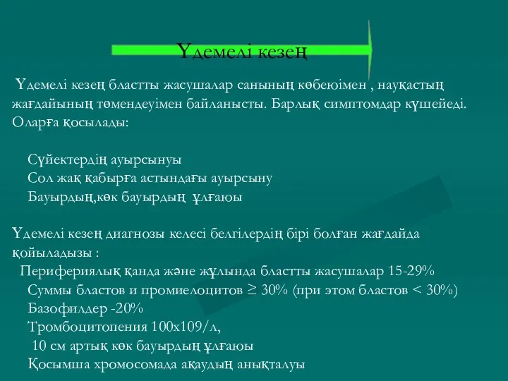 Үдемелі кезең Үдемелі кезең бластты жасушалар санының көбеюімен , науқастың