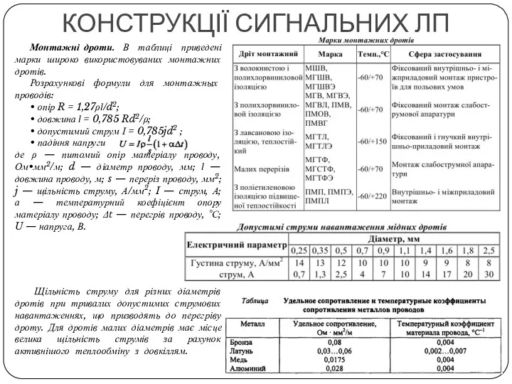 Монтажні дроти. В таблиці приведені марки широко використовуваних монтажних дротів.