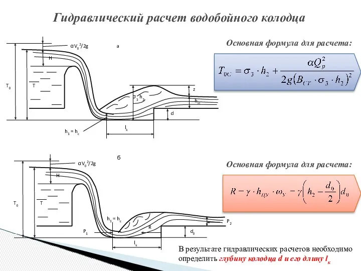 Гидравлический расчет водобойного колодца Основная формула для расчета: Основная формула