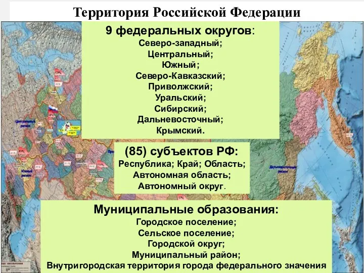* 9 федеральных округов: Северо-западный; Центральный; Южный; Северо-Кавказский; Приволжский; Уральский;