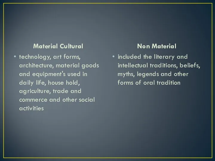 Material Cultural technology, art forms, architecture, material goods and equipment's used in daily