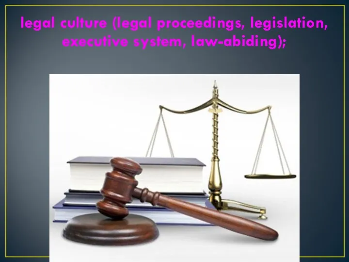 legal culture (legal proceedings, legislation, executive system, law-abiding);