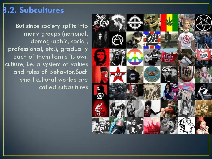 3.2. Subcultures But since society splits into many groups (national, demographic, social, professional,