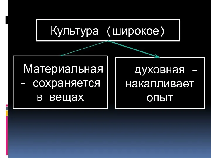 Культура (широкое) Материальная – сохраняется в вещах духовная – накапливает опыт