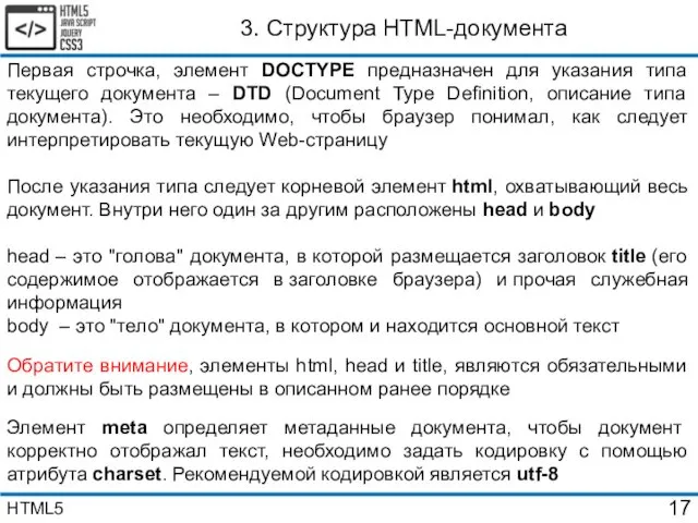 3. Структура HTML-документа Первая строчка, элемент DOCTYPE предназначен для указания