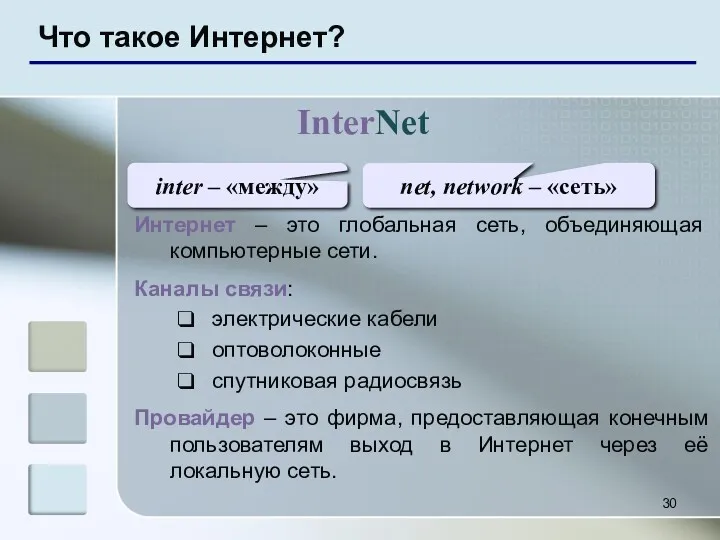 Что такое Интернет? InterNet inter – «между» net, network – «сеть» Интернет –