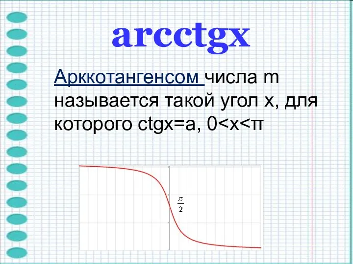 arcctgх Арккотангенсом числа m называется такой угол x, для которого ctgx=a, 0