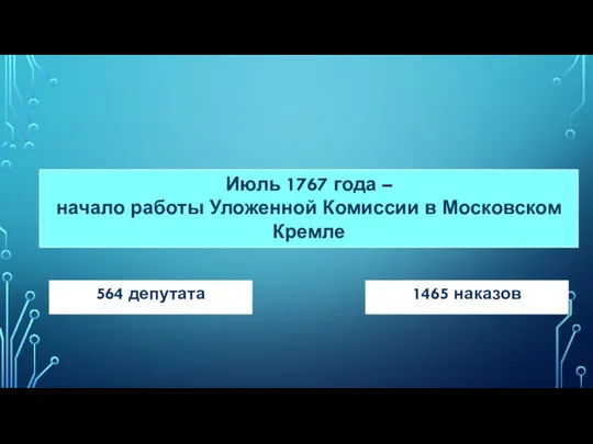 Июль 1767 года – начало работы Уложенной Комиссии в Московском Кремле 1465 наказов 564 депутата