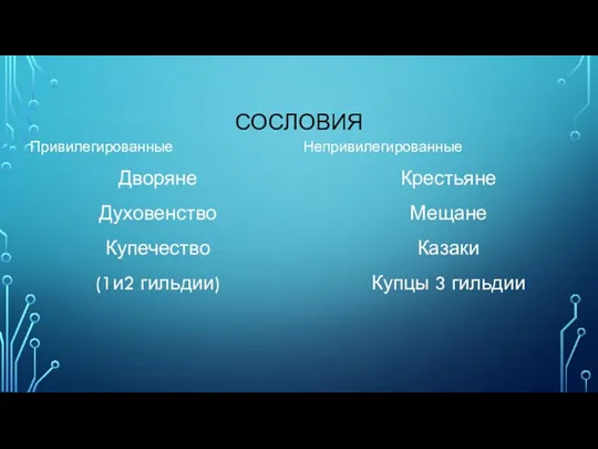 СОСЛОВИЯ Привилегированные Дворяне Духовенство Купечество (1и2 гильдии) Непривилегированные Крестьяне Мещане Казаки Купцы 3 гильдии