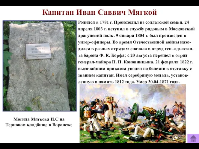 Капитан Иван Саввич Мягкой Родился в 1781 г. Происходил из