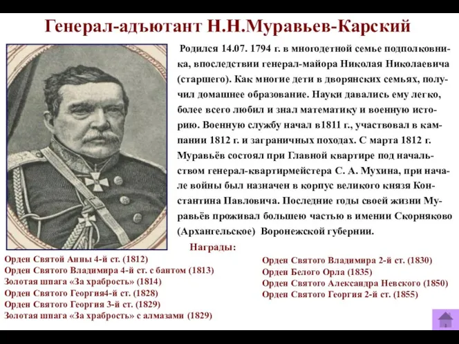 Генерал-адъютант Н.Н.Муравьев-Карский Родился 14.07. 1794 г. в многодетной семье подполковни-ка,