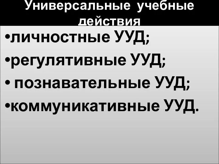 Универсальные учебные действия личностные УУД; регулятивные УУД; познавательные УУД; коммуникативные УУД.