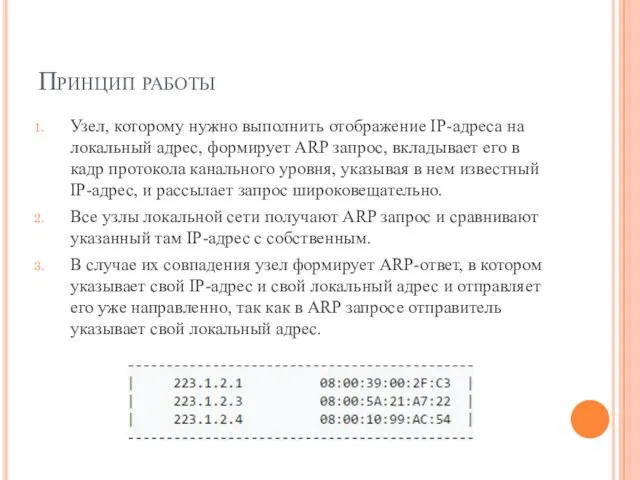 Принцип работы Узел, которому нужно выполнить отображение IP-адреса на локальный адрес, формирует ARP