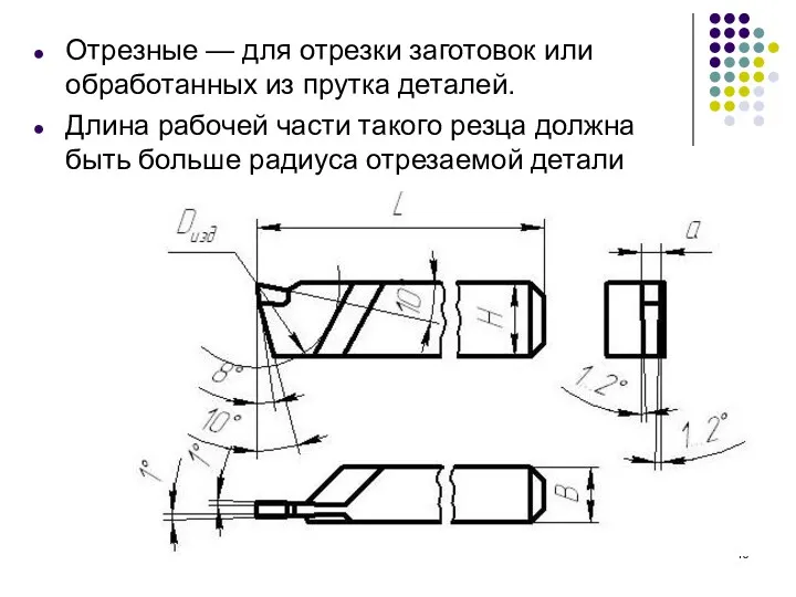 Отрезные — для отрезки заготовок или обработанных из прутка деталей.