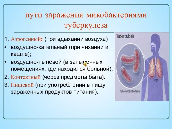 1. Аэрогенный: (при вдыхании воздуха) • воздушно-капельный (при чихании и