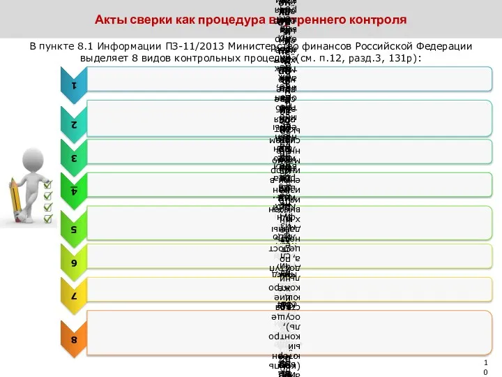 Акты сверки как процедура внутреннего контроля В пункте 8.1 Информации ПЗ-11/2013 Министерство финансов
