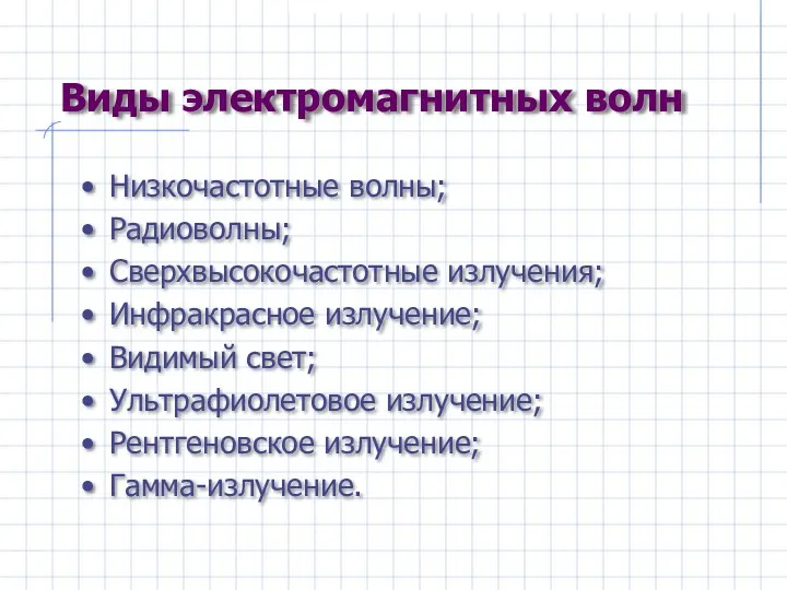 Виды электромагнитных волн Низкочастотные волны; Радиоволны; Сверхвысокочастотные излучения; Инфракрасное излучение;