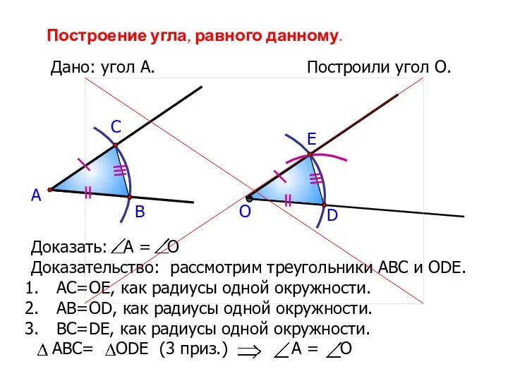 Построение угла, равного данному. Дано: угол А. А Построили угол