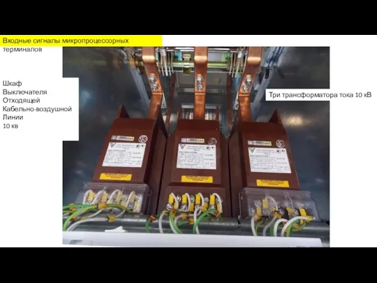 Входные сигналы микропроцессорных терминалов Три трансформатора тока 10 кВ Шкаф Выключателя Отходящей Кабельно-воздушной Линии 10 кв