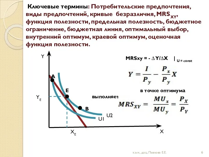 Ключевые термины: Потребительские предпочтения, виды предпочтений, кривые безразличия, MRSXY, функция