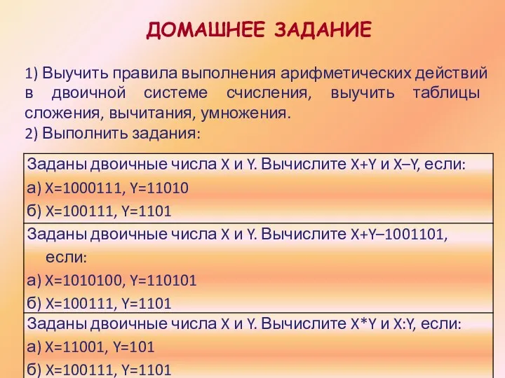 ДОМАШНЕЕ ЗАДАНИЕ 1) Выучить правила выполнения арифметических действий в двоичной