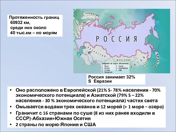 Оно расположено в Европейской (21% S- 78% населения - 70%