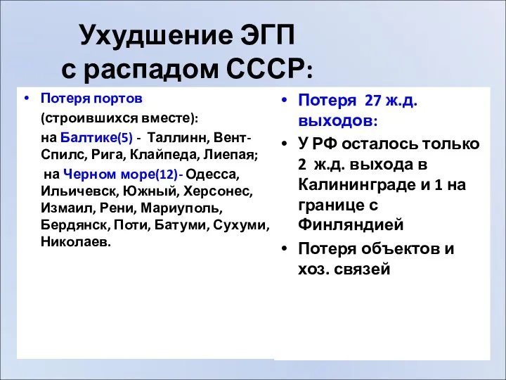 Ухудшение ЭГП с распадом СССР: Потеря портов (строившихся вместе): на