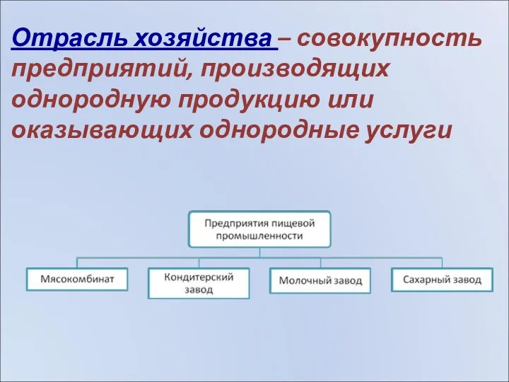 Отрасль хозяйства – совокупность предприятий, производящих однородную продукцию или оказывающих однородные услуги