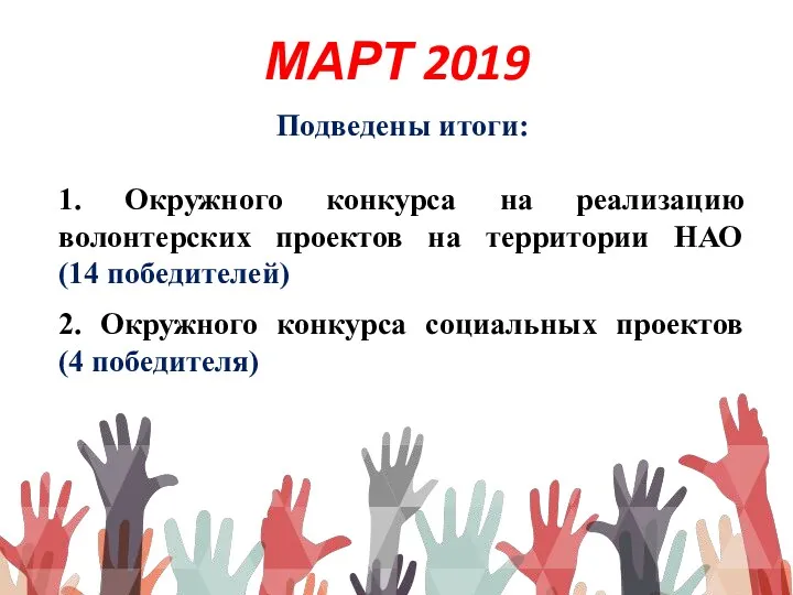 МАРТ 2019 Подведены итоги: 1. Окружного конкурса на реализацию волонтерских