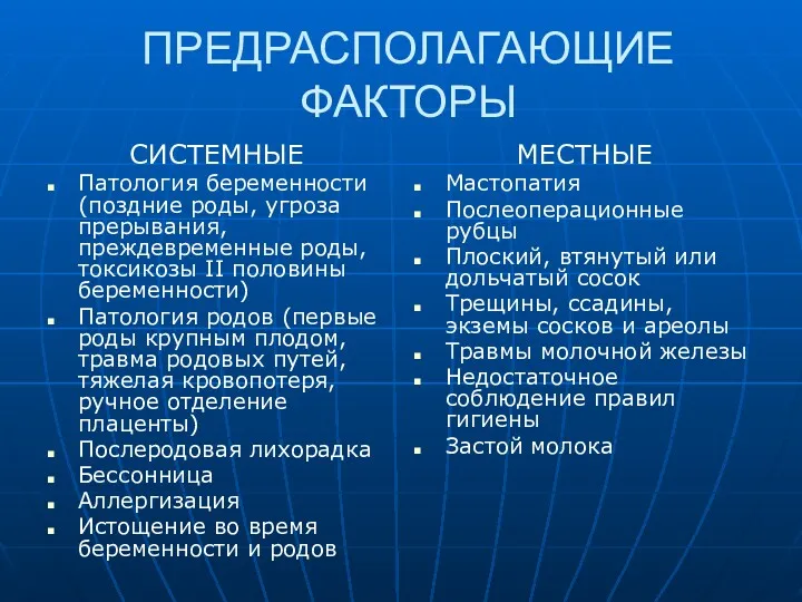 ПРЕДРАСПОЛАГАЮЩИЕ ФАКТОРЫ СИСТЕМНЫЕ Патология беременности (поздние роды, угроза прерывания, преждевременные