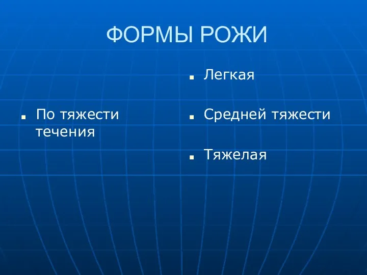 ФОРМЫ РОЖИ По тяжести течения Легкая Средней тяжести Тяжелая