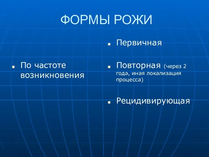 ФОРМЫ РОЖИ По частоте возникновения Первичная Повторная (через 2 года, иная локализация процесса) Рецидивирующая