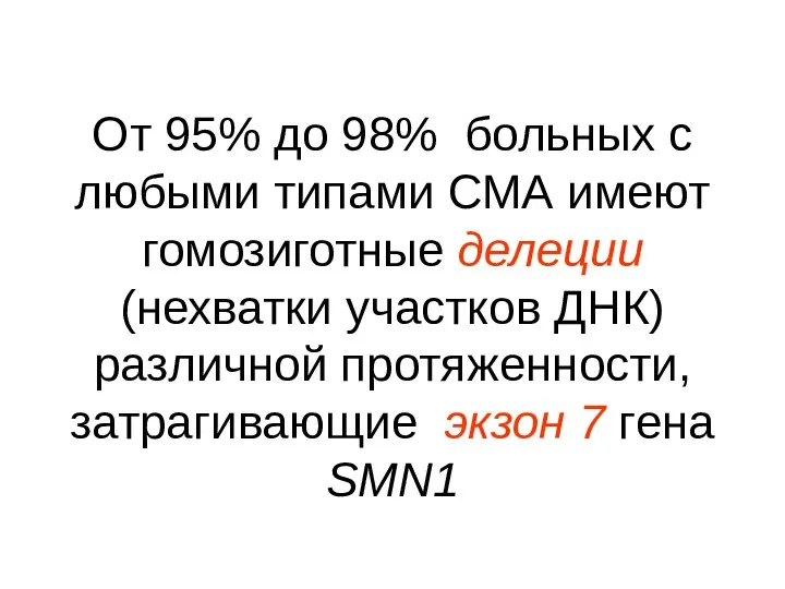 От 95% до 98% больных с любыми типами СМА имеют гомозиготные делеции (нехватки