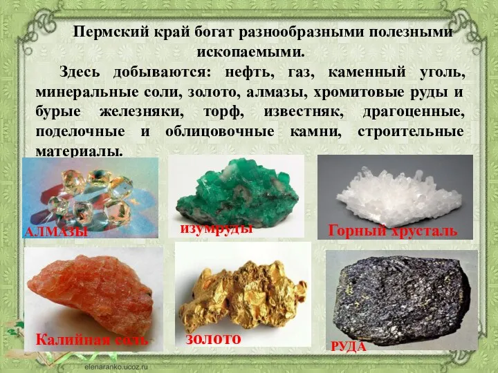 Пермский край богат разнообразными полезными ископаемыми. Здесь добываются: нефть, газ, каменный уголь, минеральные