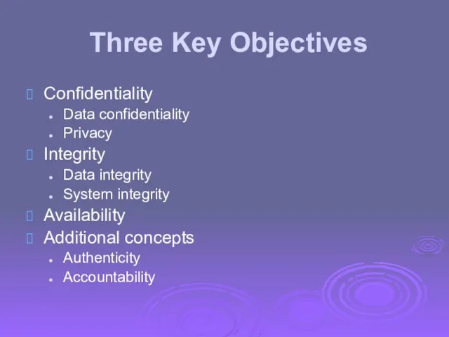 Three Key Objectives Confidentiality Data confidentiality Privacy Integrity Data integrity